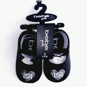Nwt Bebe Infant Girl Crib Shoe Ballet Flat Black Silver Embroidered Heart Size 3